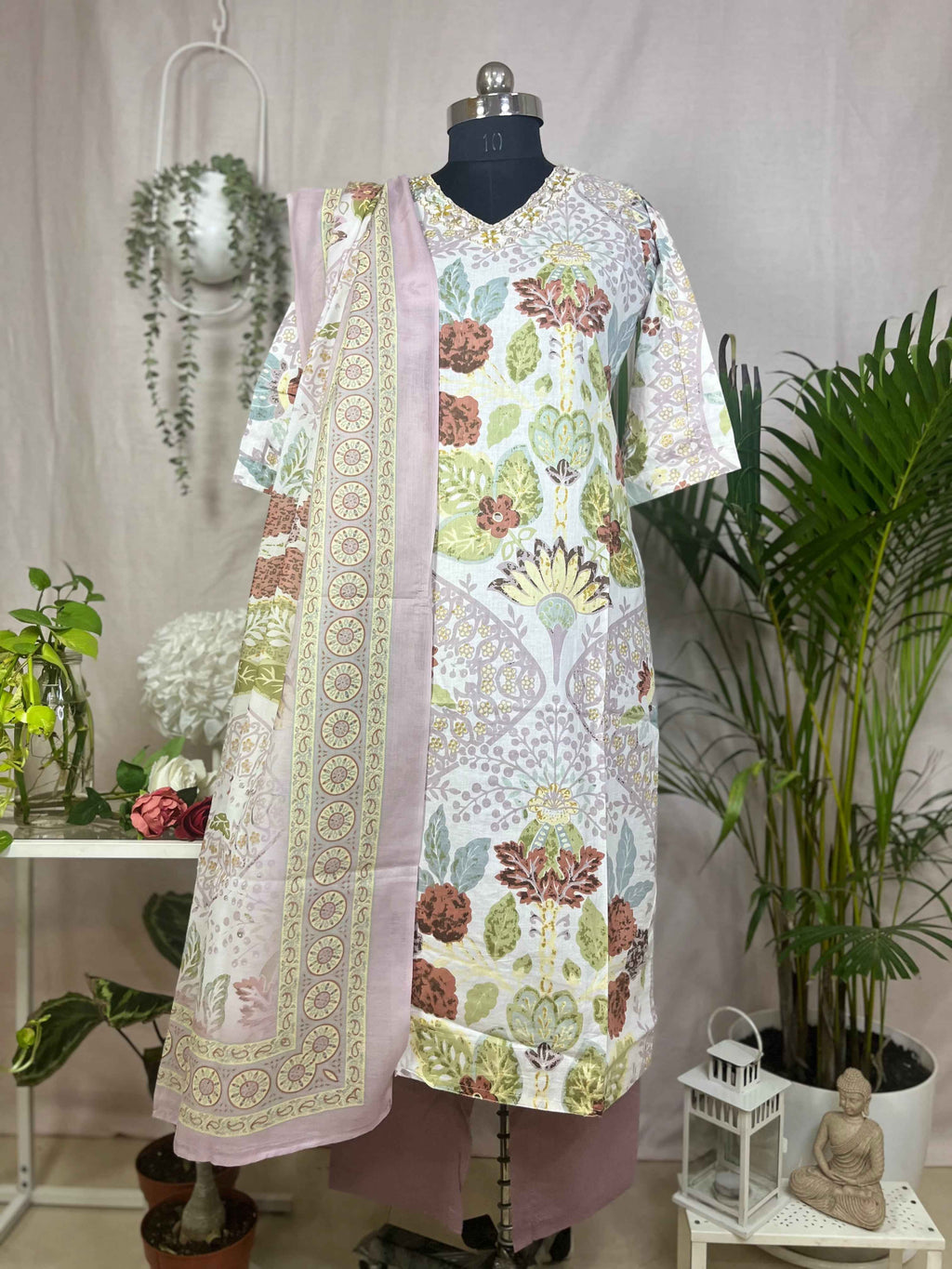 Esha Ivory Sage Cotton 3 Pcs Suit Set