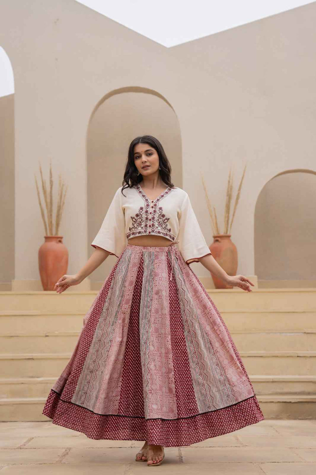 Red Kali Printed Skirt and Embroidered Crop Top