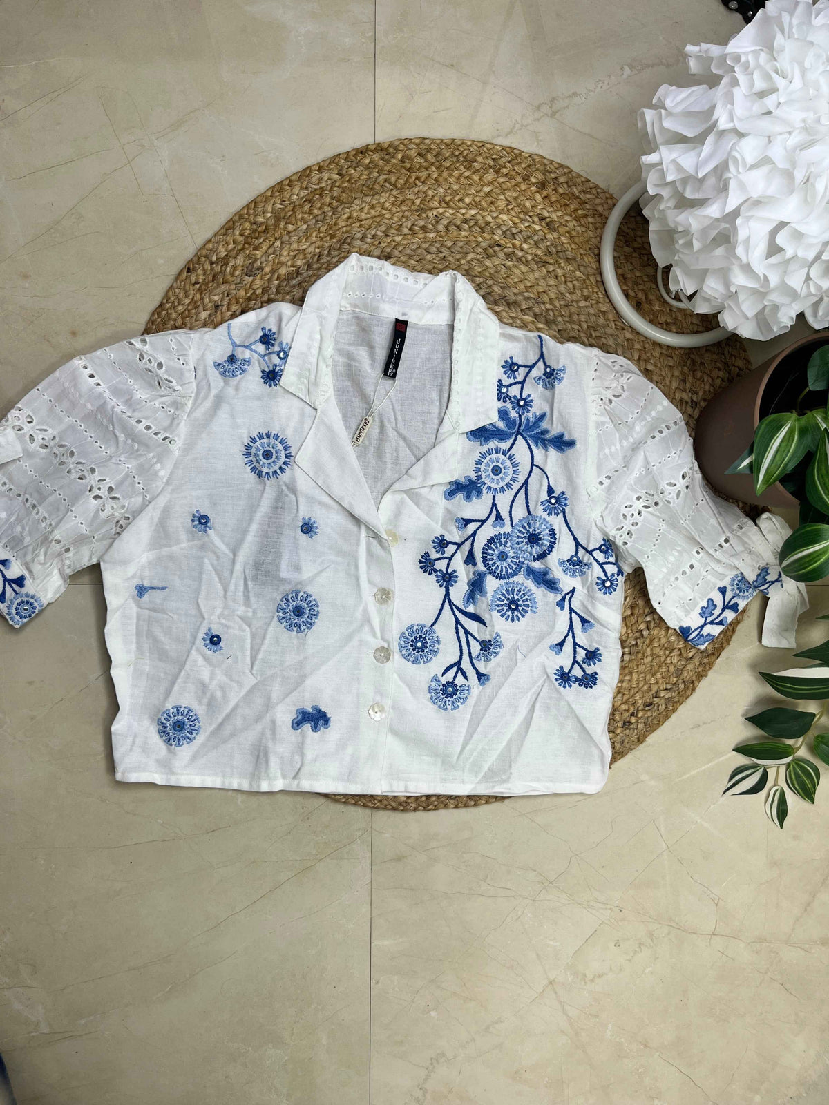White-Blue Plazzo Co-ord Set with Crop Top
