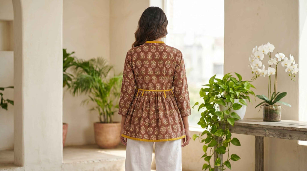 Mocha Mustard Hand Block Cotton Short Kurti