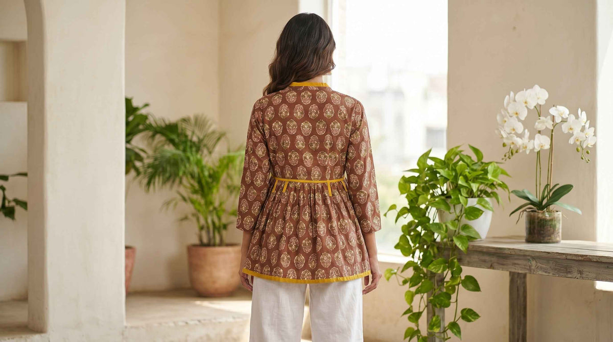 Mocha Mustard Hand Block Cotton Short Kurti