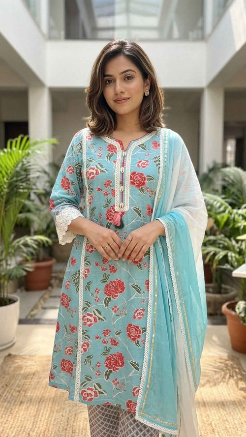 Aaira Aqua Bloom  3 Pcs Suit Set