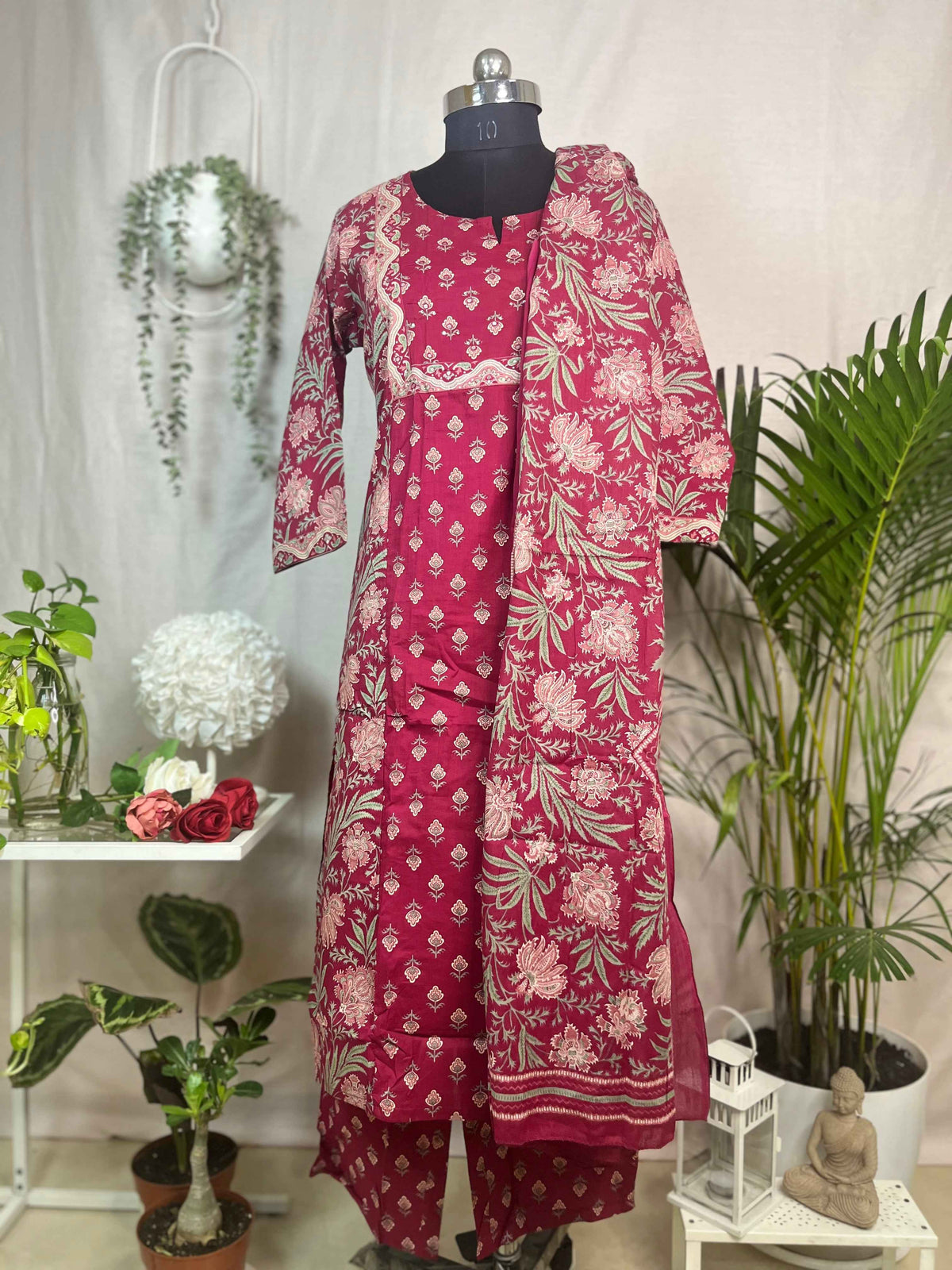 Charvi Maroon Bloom Cotton 3 Pcs Suit Set