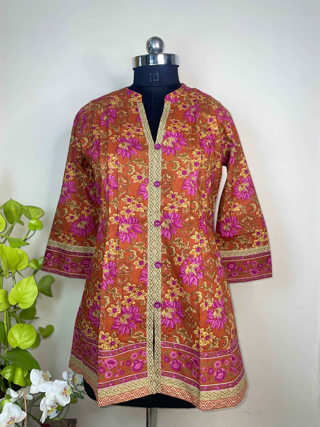 Rust Gulmohar Hand Block Cotton Short Kurti