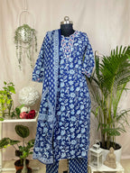 Aashi Navy Floral Cotton 3 Pcs Suit Set