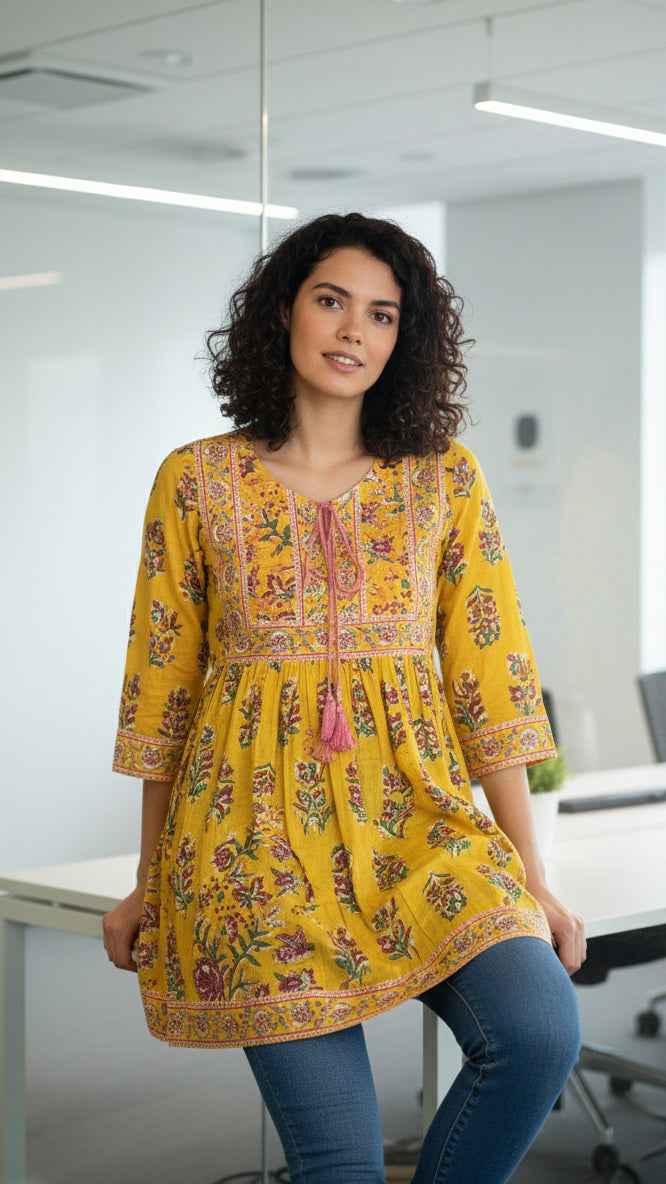 Yellow Bloom Top, Short Kurti