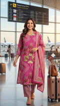 Aarohi Pink Garden Cotton 3 Pcs Suit Set