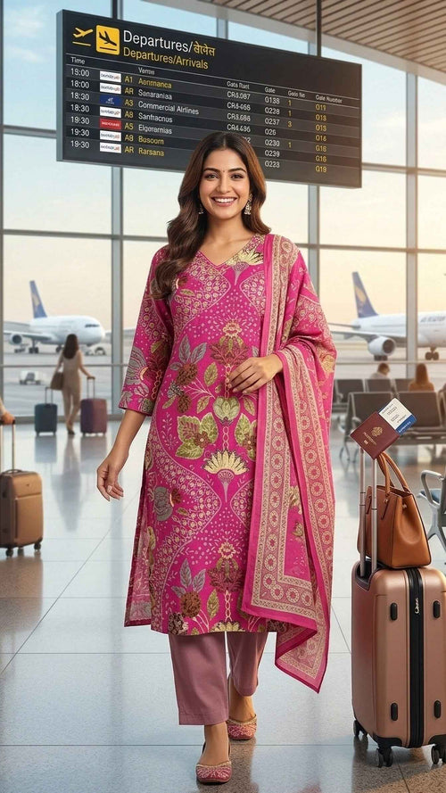 Aarohi Pink Garden Cotton 3 Pcs Suit Set