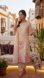 Ridhi Ivory Pink Cotton 3 Pcs Suit Set