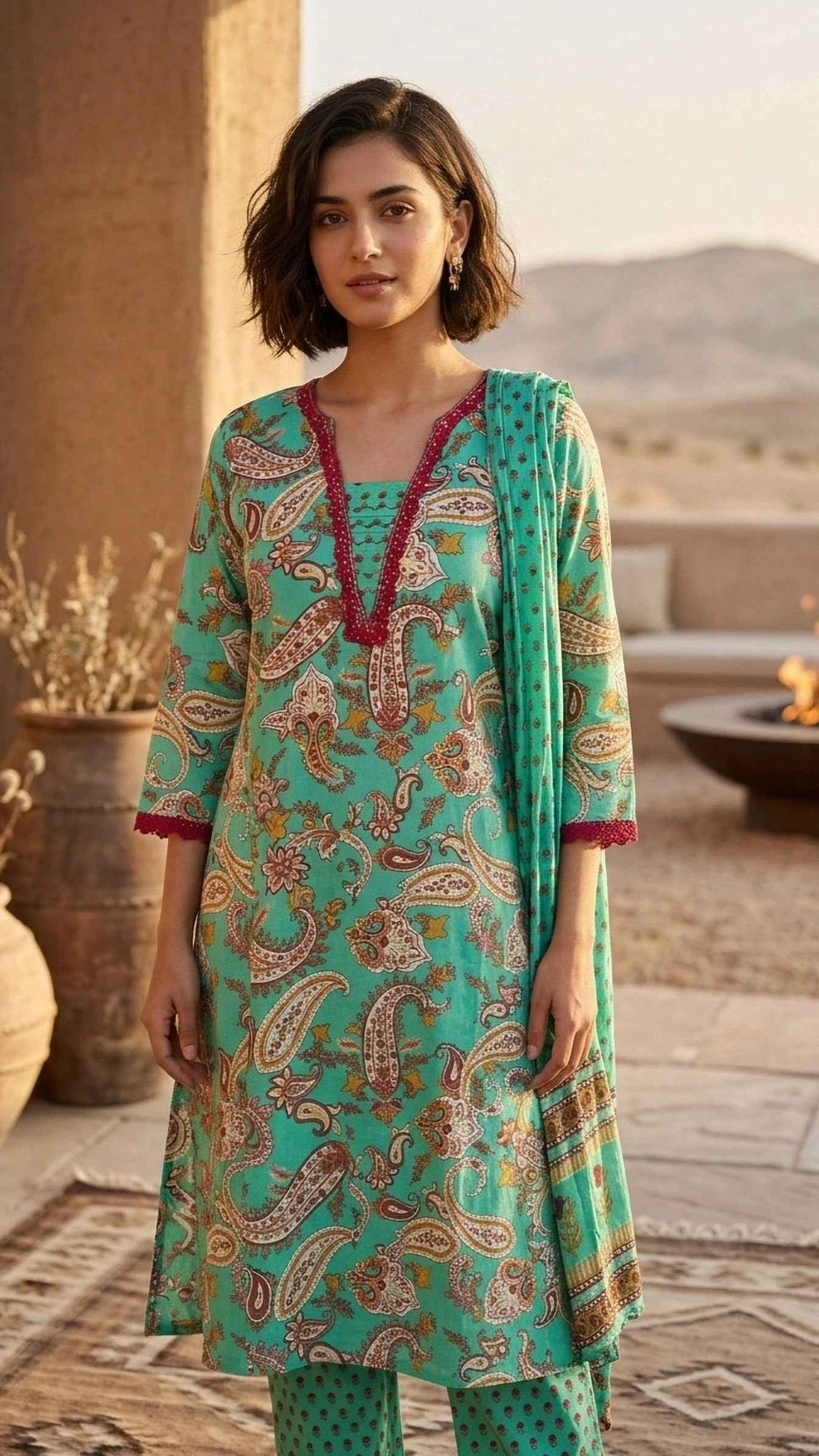 Aarvi Aqua Paisley Cotton 3 Pcs Suit Set