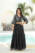 Charcoal Short Cropped Top Paired with Flared Long Black Skirt
