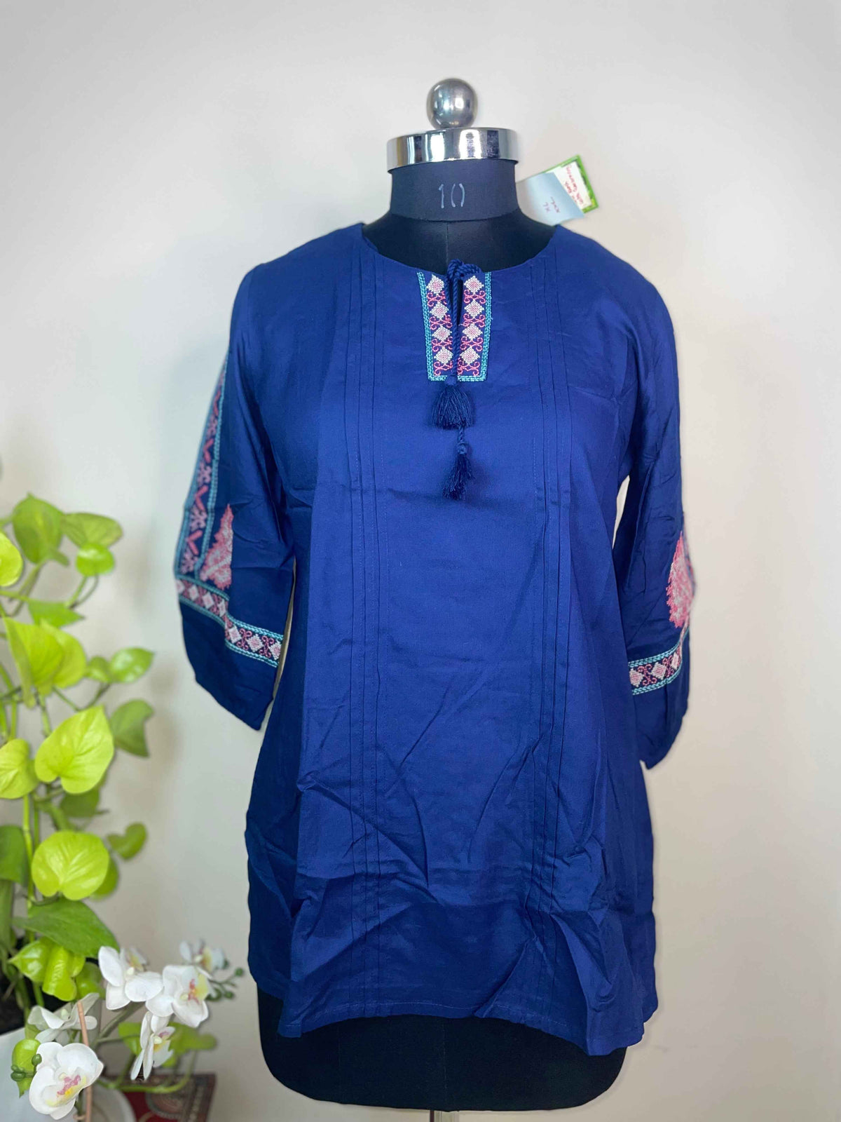 Royal Blue Tassel Cotton Short Kurti