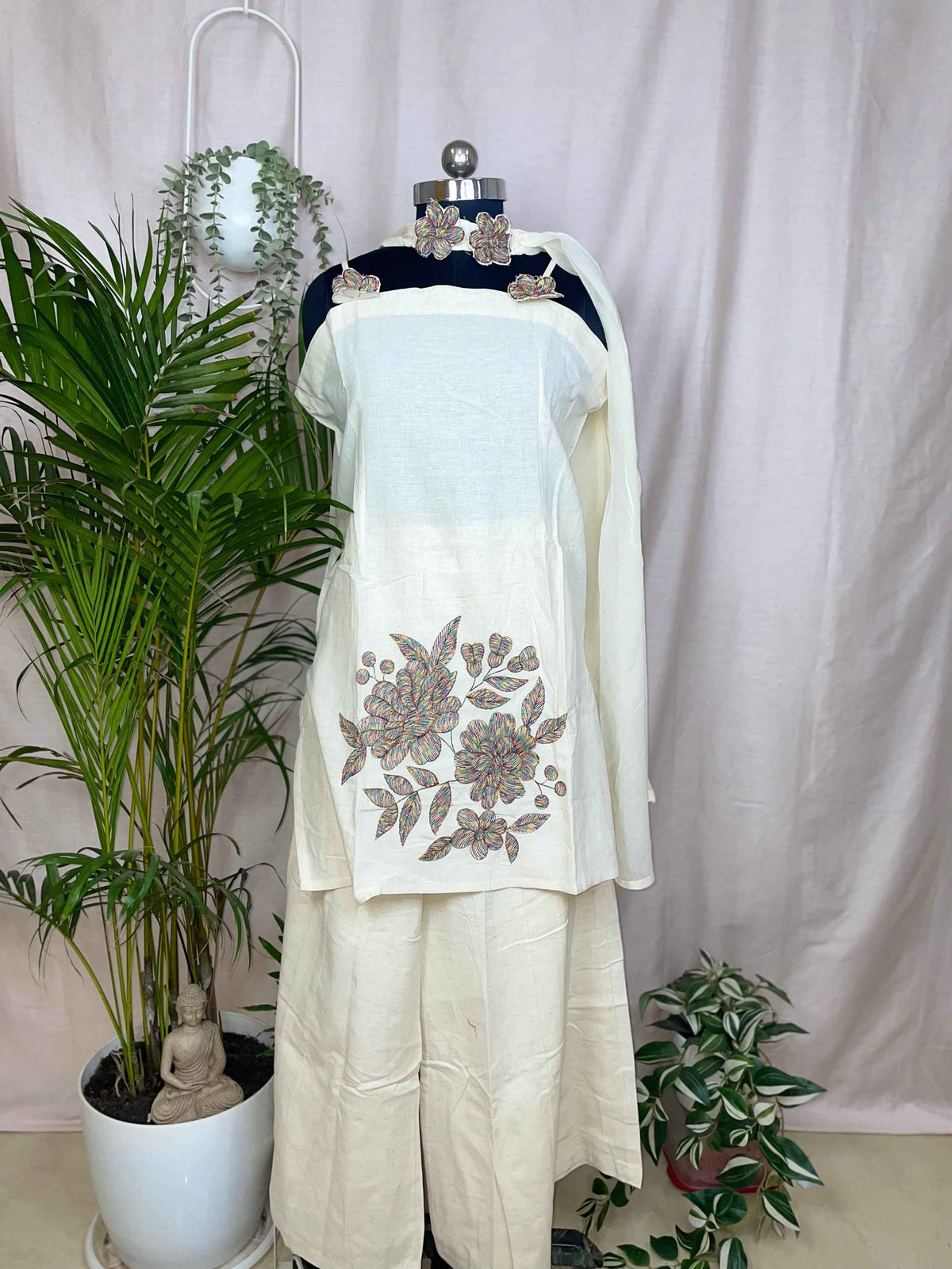 Vritti Ivory Floral 3-Piece Spagetti Palazzo Set