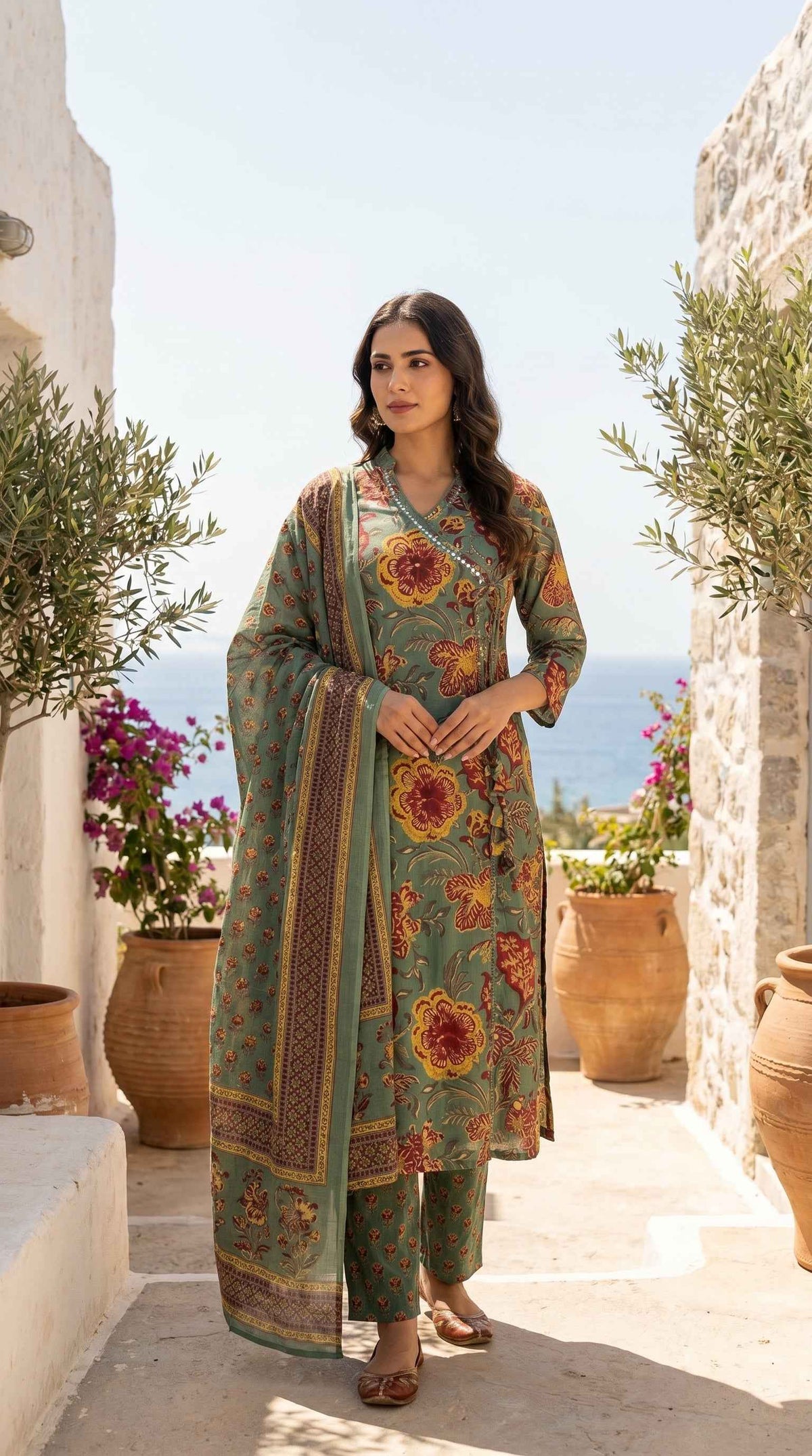 Vrinda Sage Green Cotton 3 Pcs Suit Set