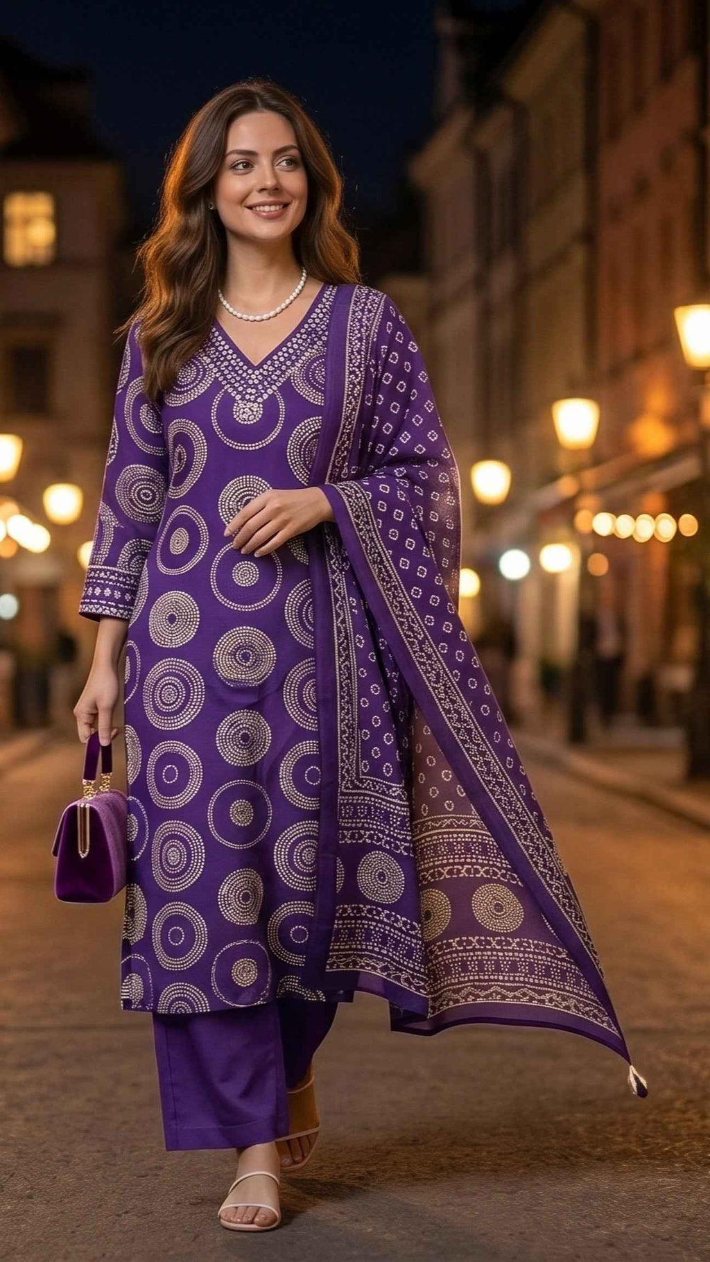 Jheel Purple Circle Cotton 3 Pcs Suit Set