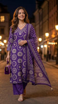Jheel Purple Circle Cotton 3 Pcs Suit Set