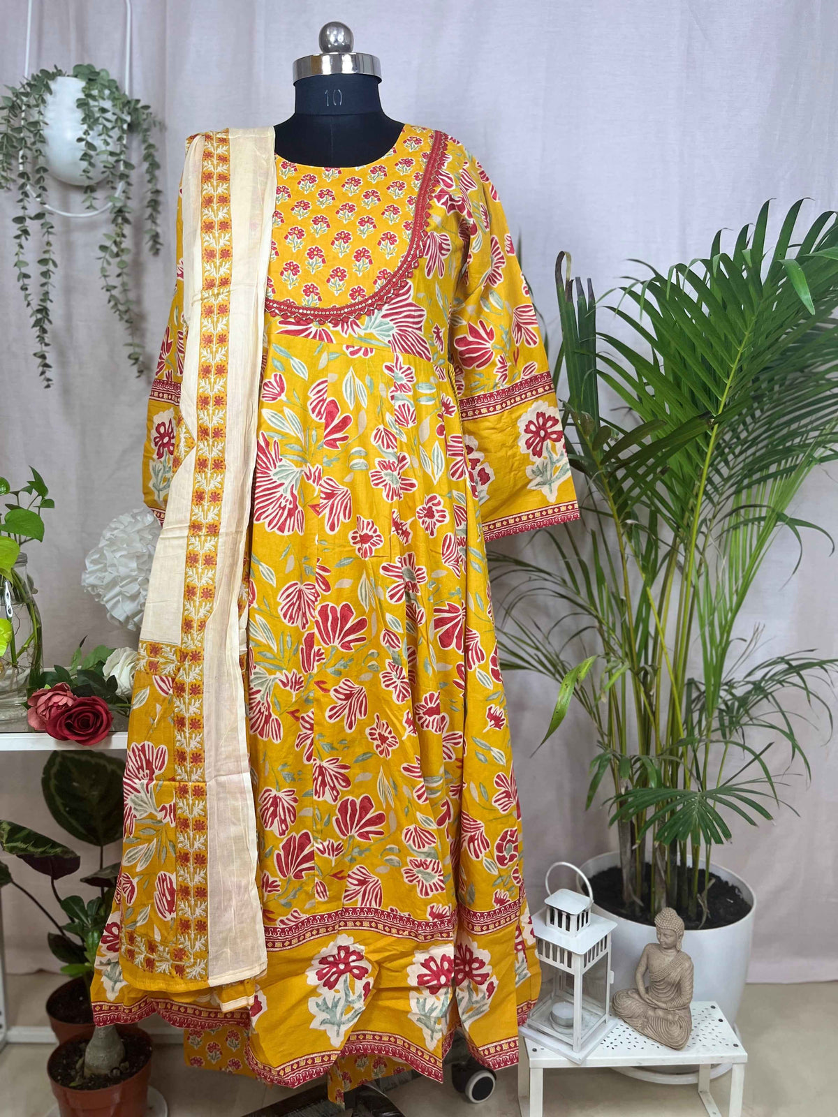 Mustard Bloom Cotton Anarkali 3 Piece Suit Dress