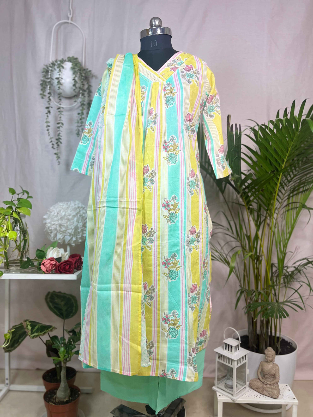 Dhruvi Mint Lemon Cotton 3 Pcs Suit Set