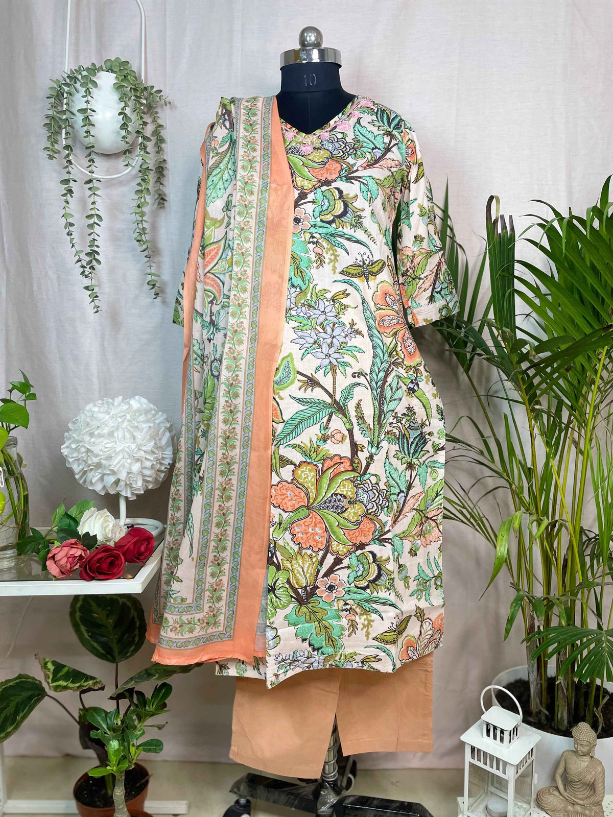 Maitri Peach Garden Cotton 3 Pcs Suit Set