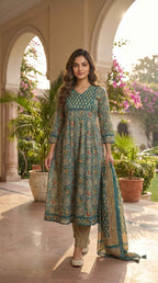 Navya Teal Green Cotton 3 Pcs Suit Set