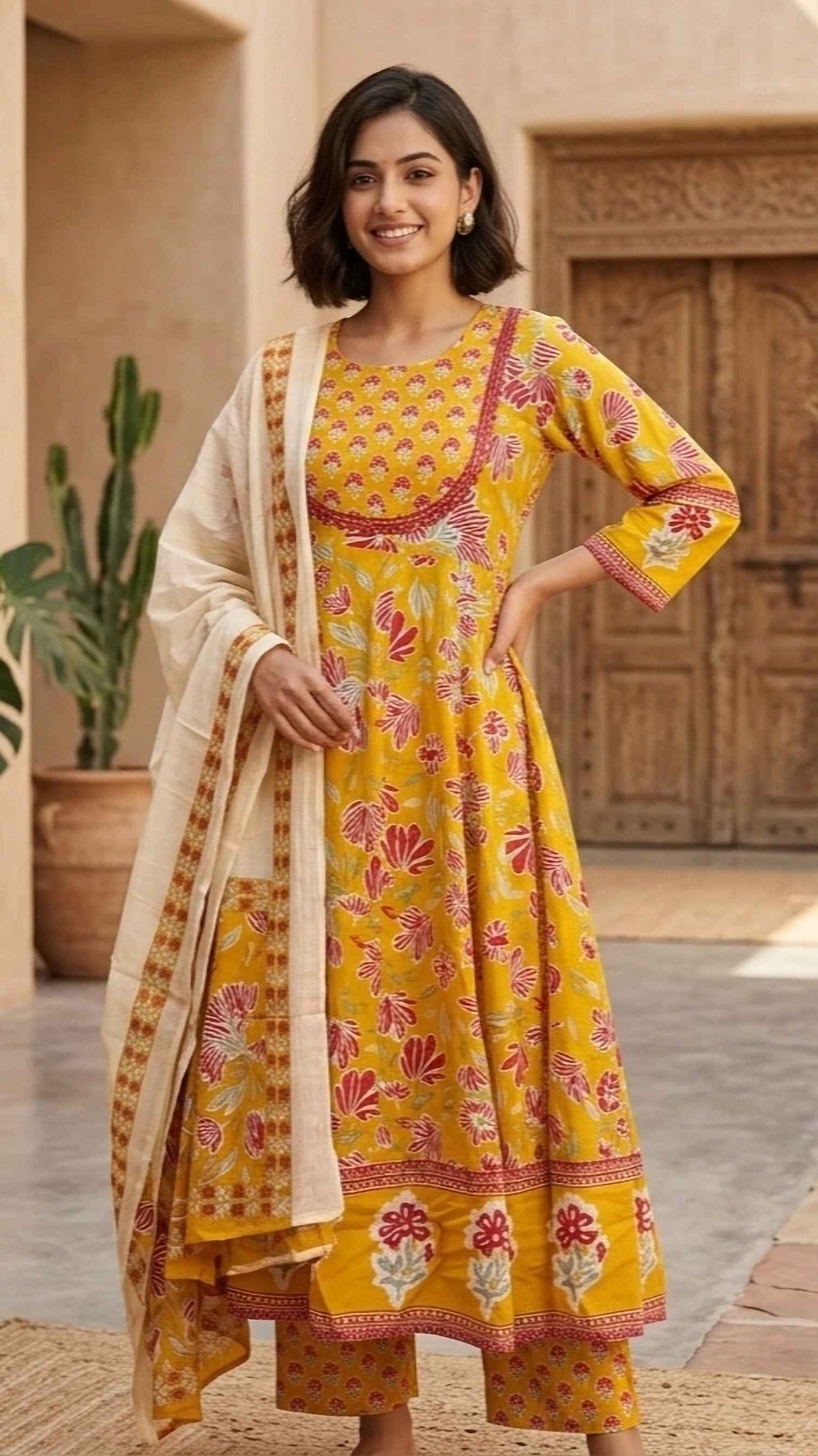 Mustard Bloom Cotton Anarkali 3 Piece Suit Dress