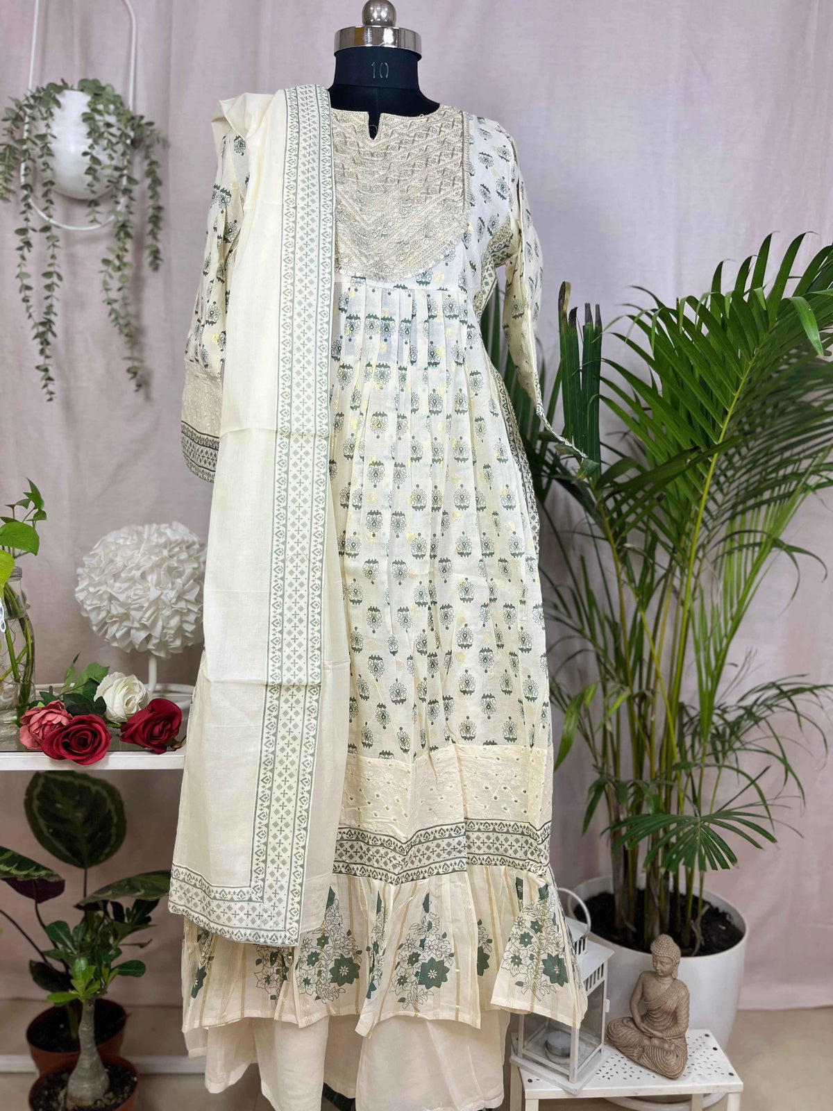 Manya Ivory Sage  Cotton 3 Pcs Suit Set