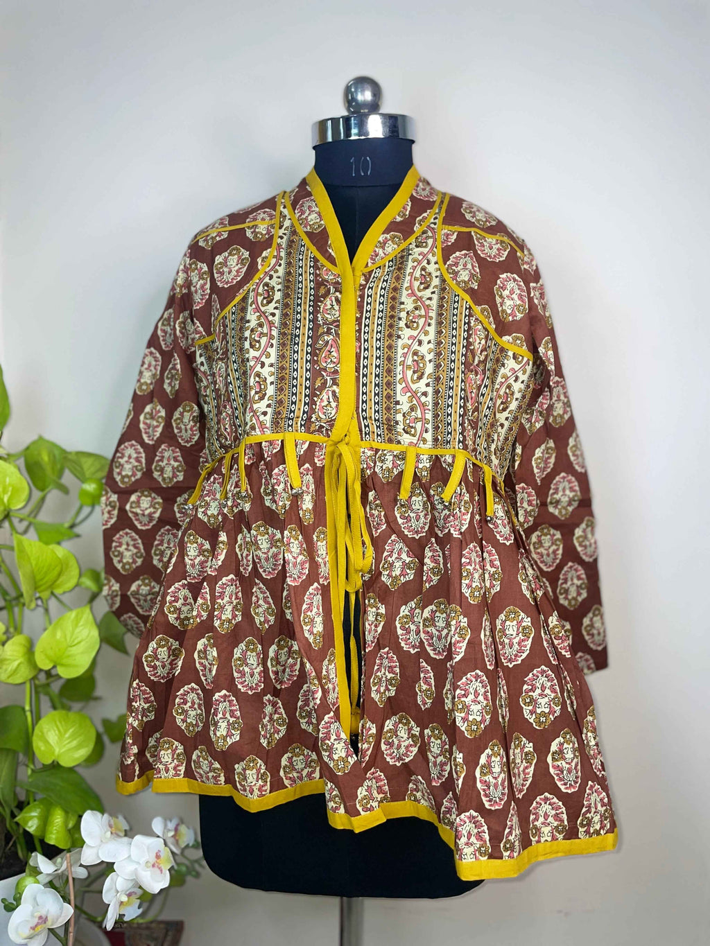 Mocha Mustard Hand Block Cotton Short Kurti